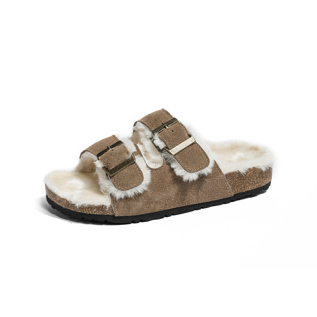 44 45 big size wool fur cork slippers women double buckle band long plush winter slides furry outdoor footwear flip flops women X1020