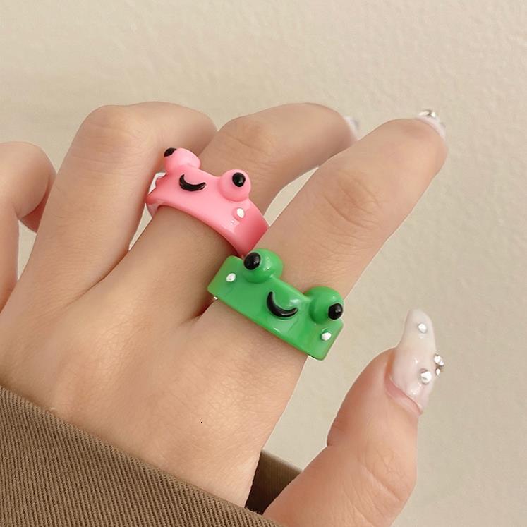 Wedding Rings 2Pc Cute Frog Rings Lover Polymer Clay Resin Acrylic Rings for Women Girls Couple Travel Ring Summer Fashion Animal Jewelry Gift 230915
