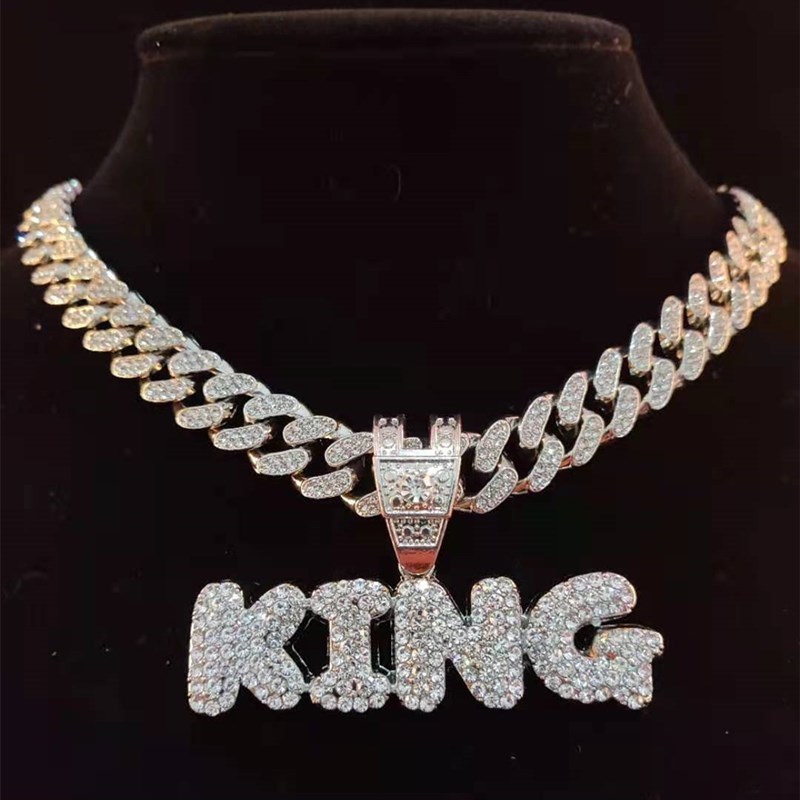 Charms Men Women Hip Hop Full KING QUEEN Letter Pendant Necklace Cuban Chain HipHop Iced Out Bling Necklaces Charm Jewelry 230915