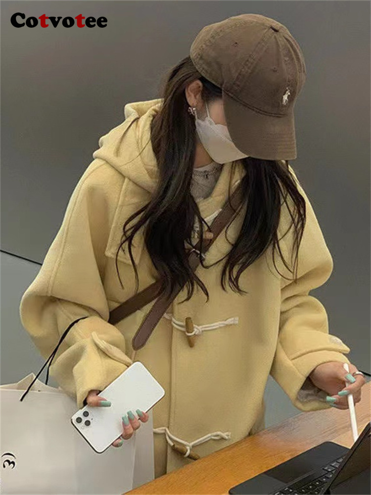 Womens Wool Blends Cotvotee Thicken Warm Coat Women Autumn Winter Loose Hooded Long Coats Casual Turn Down Collar Horn Button Jacket 230915