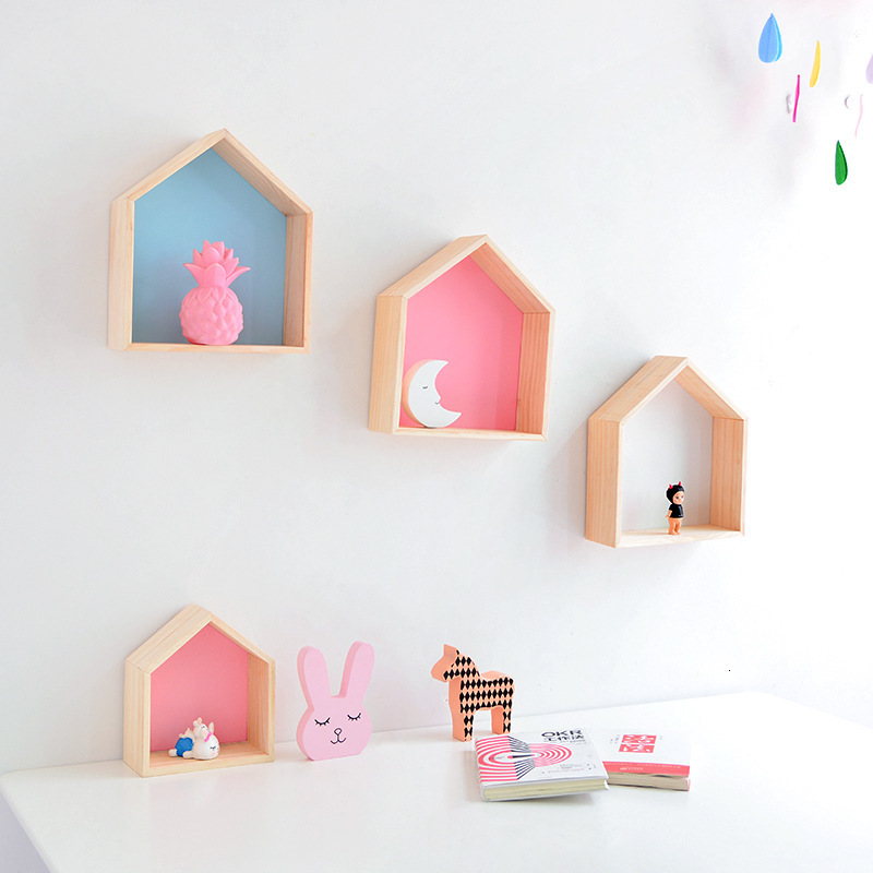 Boxes Storage# Childrens Room Decorations Wooden Hexagon Shelf Nordic House Shaped Wall Mounted Shelves Wall Racks Kids Bedroom Home Decor 230915