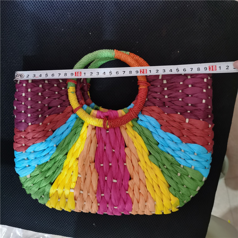 Evening Bags Bohemia Colourful Contrasting Colors Women Hand-Woven paper Bag Round Handle Half- Moon Shape Ladies Handbag Summer Beach 230914