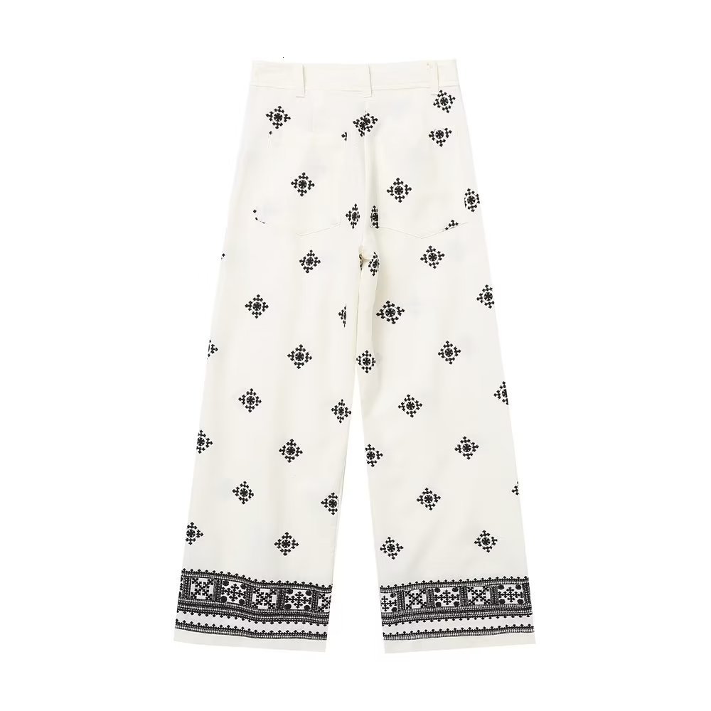 Women's Pants s KEYANKETIAN Women Vintage Embroidery Casual Linen Wide Leg Female Chic High Waist Zipper Pantalone Ankle Length Trousers 230914