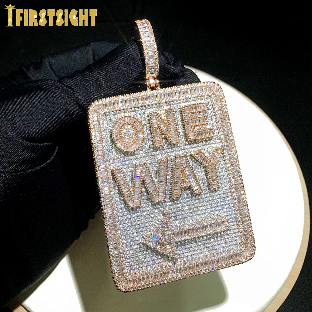 Charms Iced Out Bling Rectangle CZ Letter One Way Pendant Necklace Two Tone Color Cubic Zirconia Charm Men Fashion Hip Hop Jewelry 230915