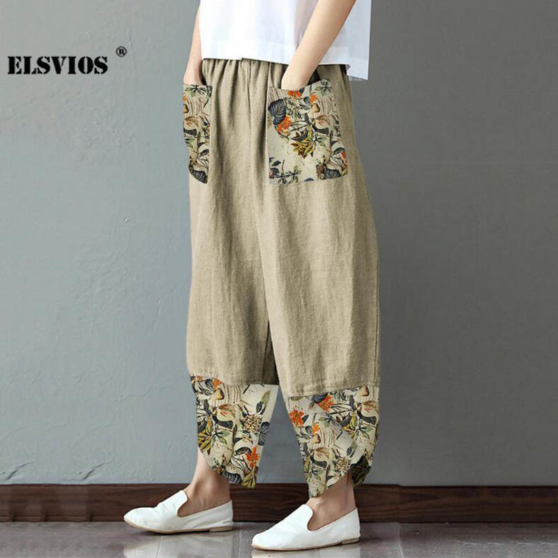 Women's Pants s Spring Autumn Fashion Women Cotton Linen Pencil Casual Print Patchwork Loose Long Trousers Elegant Streetwear Lady 230914