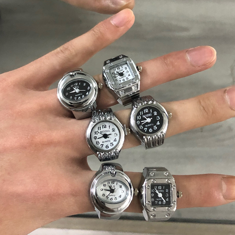 Wedding Rings Vintage Punk Finger Watch Mini Elastic Strap Alloy Watches Couple Rings Jewelry Clock Retro Roman Quartz Watch Rings Women Men 230915