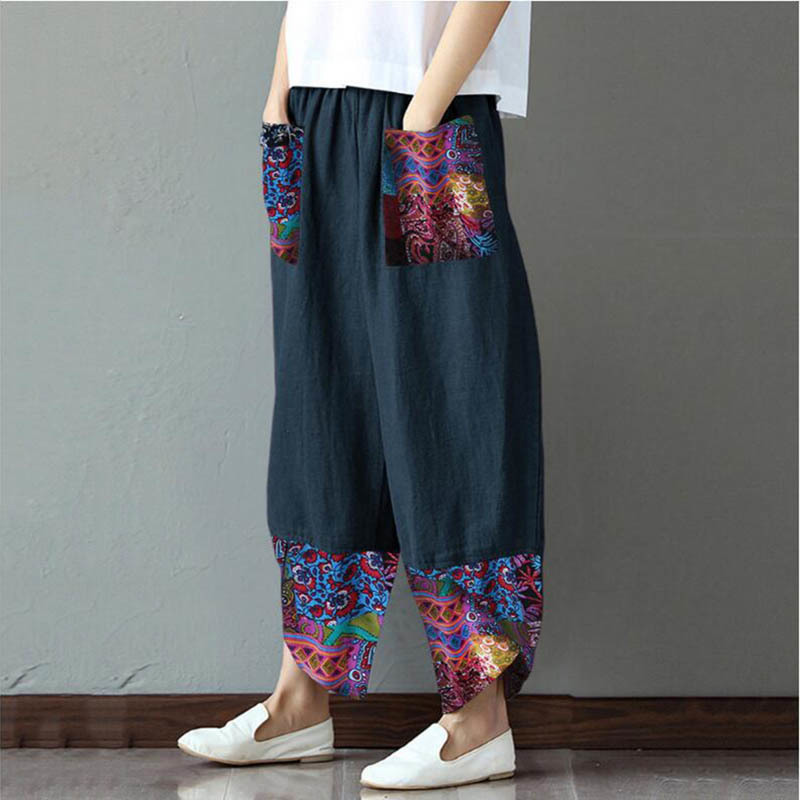 Women's Pants s Spring Autumn Fashion Women Cotton Linen Pencil Casual Print Patchwork Loose Long Trousers Elegant Streetwear Lady 230914