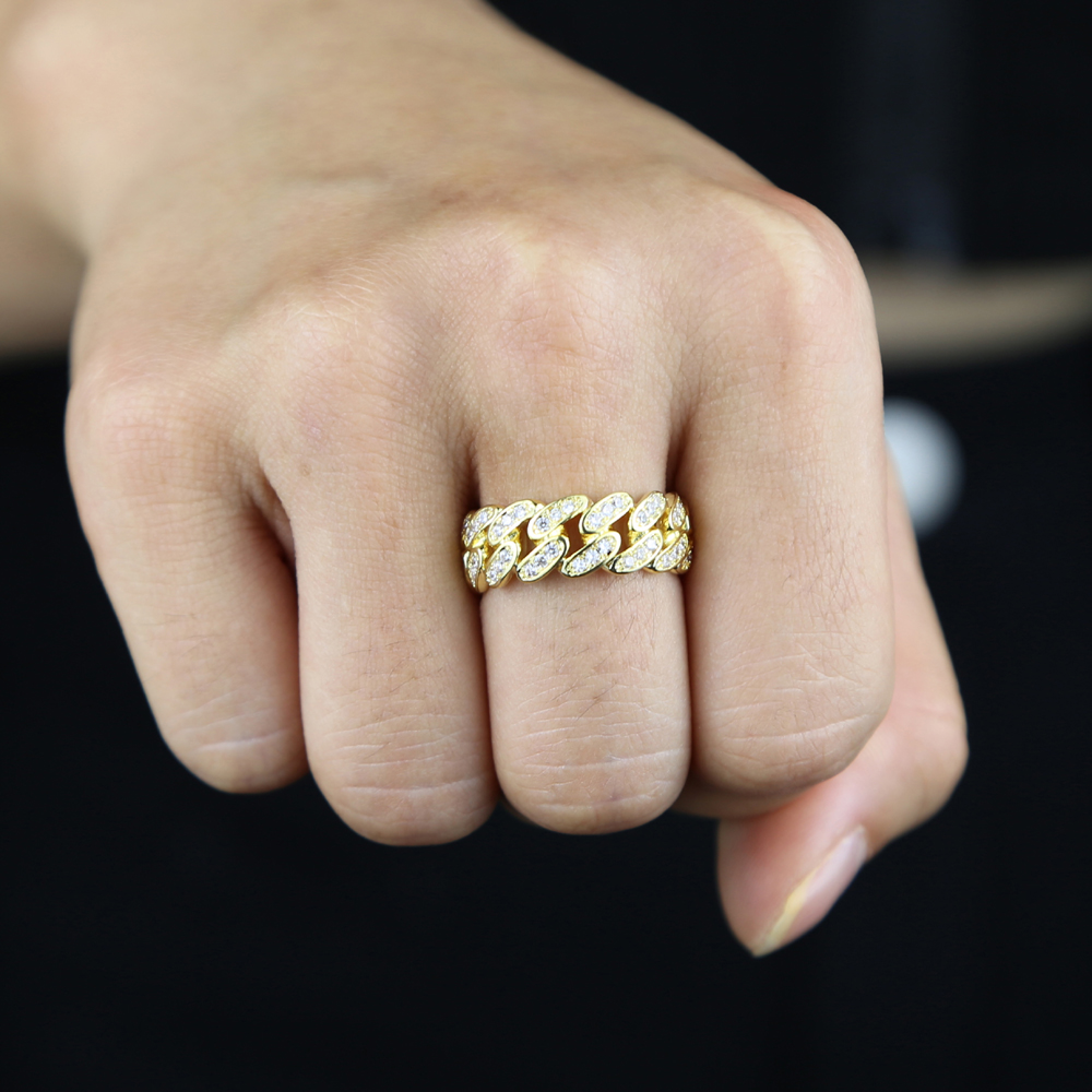 Bling White Cubic Zirconia Paved Miami Cuban Link Chain Ring for Women Hip Hop Engagement Band Trendy Finger Rings for Wedding