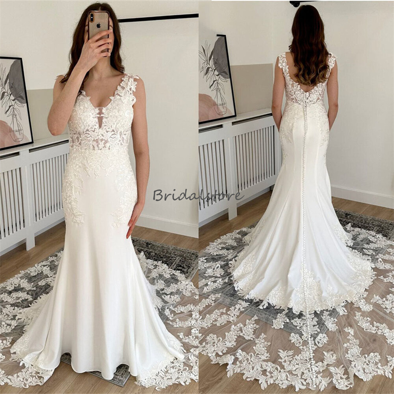 Plus Size Boho Mermaid Wedding Dress Sexy V Neck Lace Long Train Bohemian Church Bridal Gowns Backless Korean Country Fall Bride Robe De Mariee Vestid