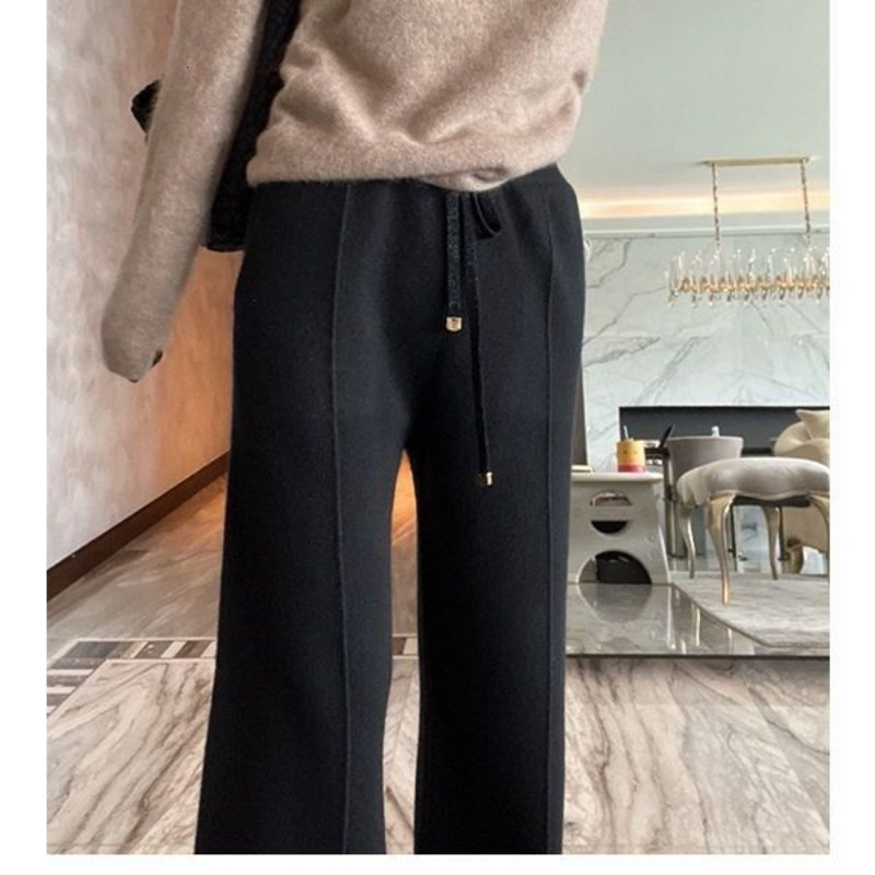 Women's Pants 's Wool WideLeg FallWinter High Waist Drooping Slimming Casual Loose Straight Knit Mop Trousers Outer Wear 230914