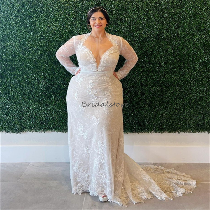 Large Size Full Lace Wedding Dress 2023 Elegant Long Sleeve Mermaid Boho Beach Bride Dress Women Custom Fairy Invite Garden Gown Vestido De Noiva Casa