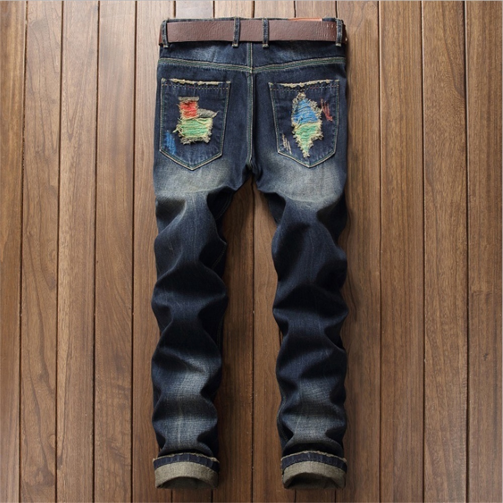 Mens Jeans EH MD Rainbow Color Scratched Ripped Embroidered Geometric Shape Straight Cotton Soft Stretch Slim Blue Pants 230915