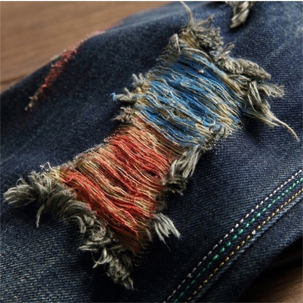 Mens Jeans EH MD Rainbow Color Scratched Ripped Embroidered Geometric Shape Straight Cotton Soft Stretch Slim Blue Pants 230915