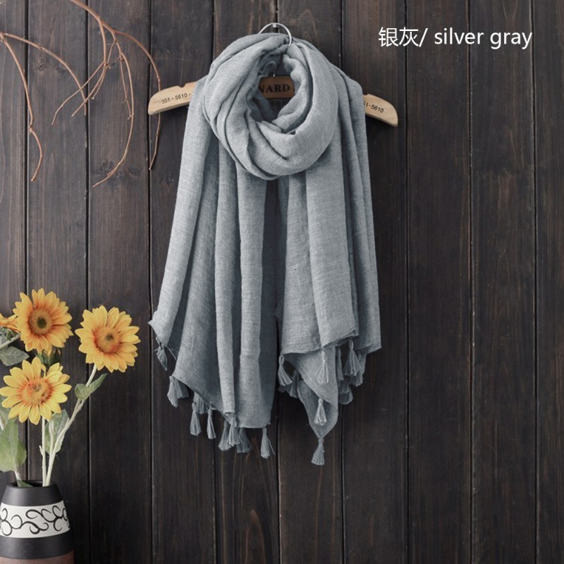 Scarves Silver Grey Hanging Beard Square Scarf for Women Fashion Solid Color Cotton Linen Ethnic Style Shawl 230914