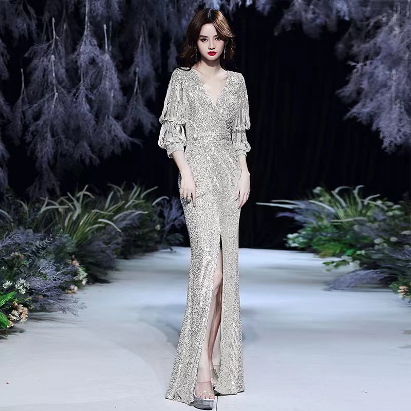 Modest Shiny Long Mother Of The Bride Dresses V Neck Evening For Wedding Guest Dress Sequins Mermaid Elegant Formal Party Prom Gowns 403