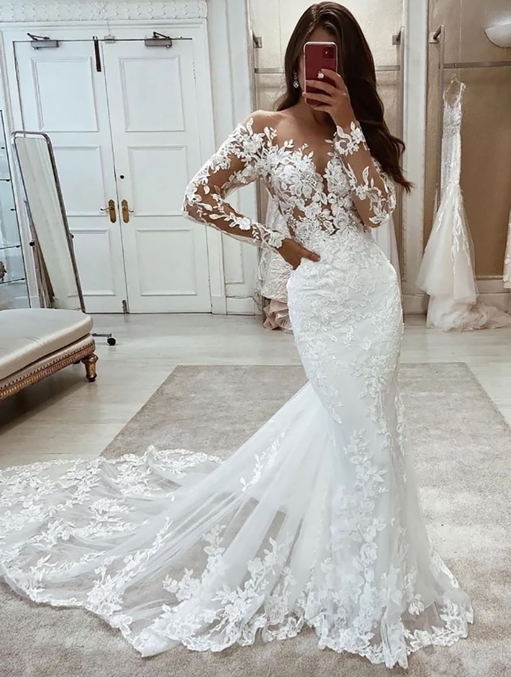 White Mermaid Wedding Dress with Lace Applique, Long Sleeve Bateau Necke, Tulle, Custom Made Plus Size