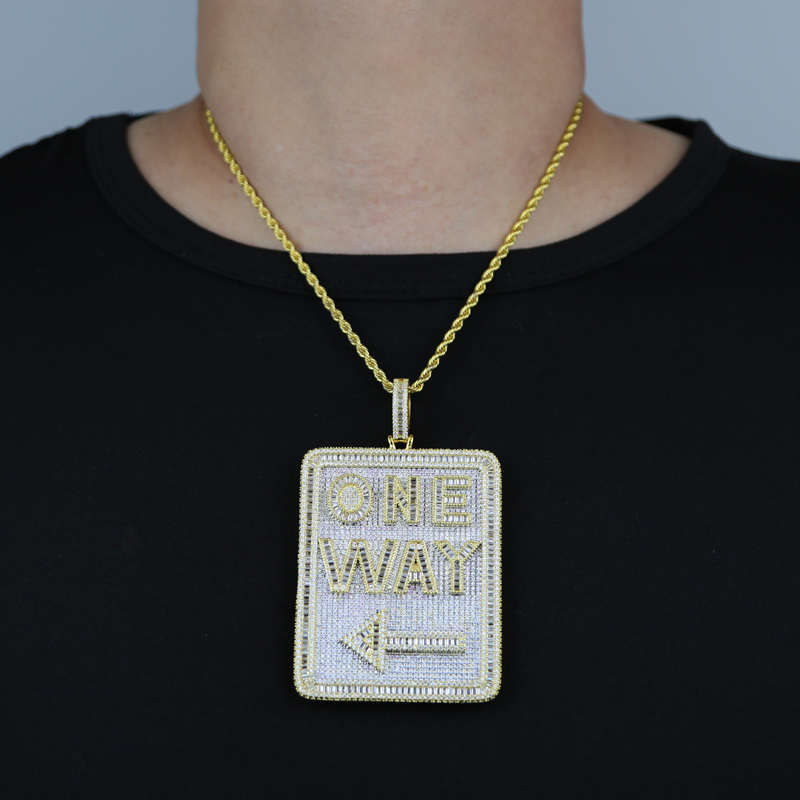 Charms Iced Out Bling Rectangle CZ Letter One Way Pendant Necklace Two Tone Color Cubic Zirconia Charm Men Fashion Hip Hop Jewelry 230915
