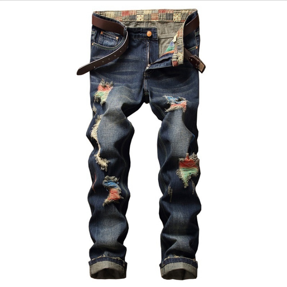 Mens Jeans EH MD Rainbow Color Scratched Ripped Embroidered Geometric Shape Straight Cotton Soft Stretch Slim Blue Pants 230915