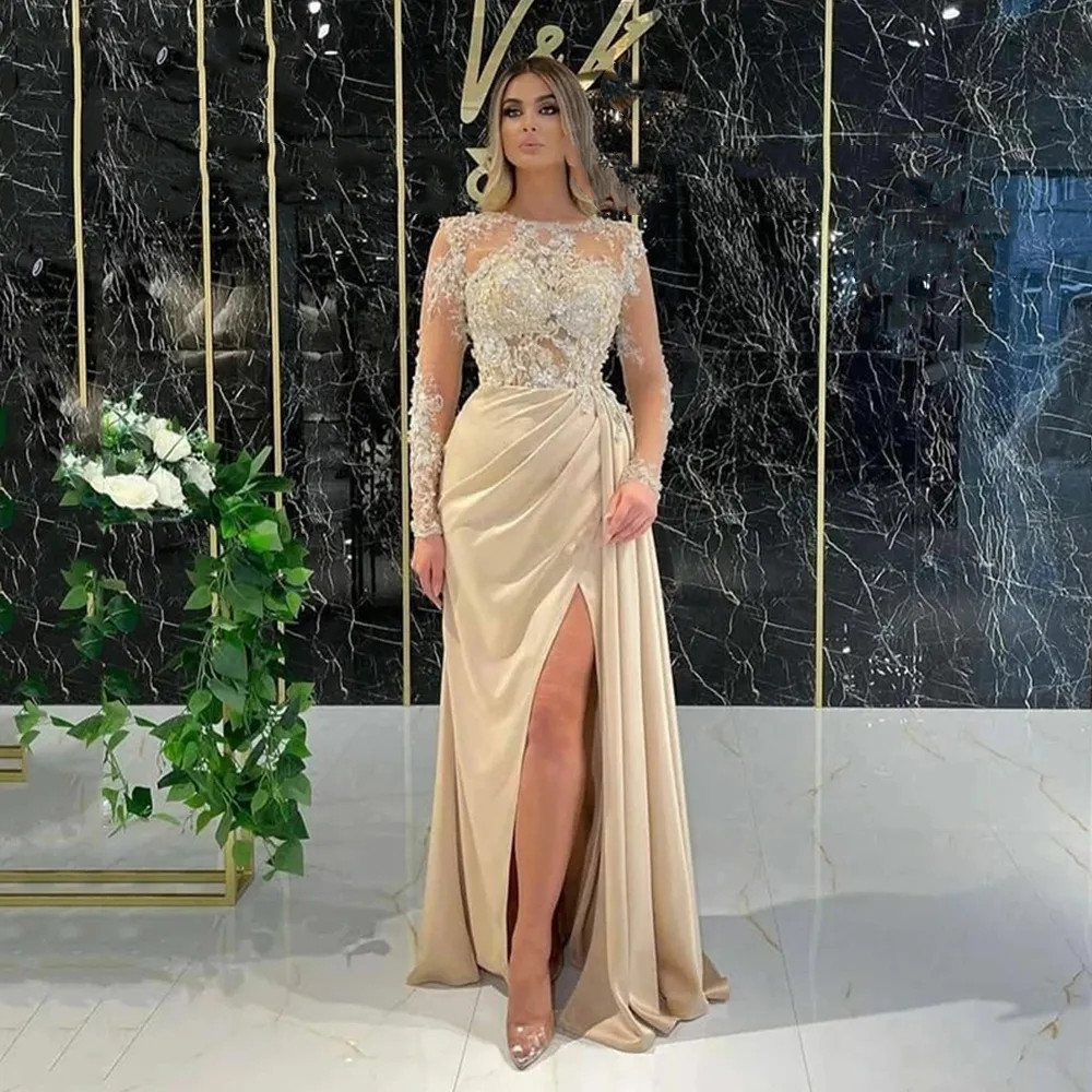 Champagne Pleated Evening Dresses Gorgeous Lace Applique Long Sleeve Mermaid Princess Prom Gowns With Side Split 6660307