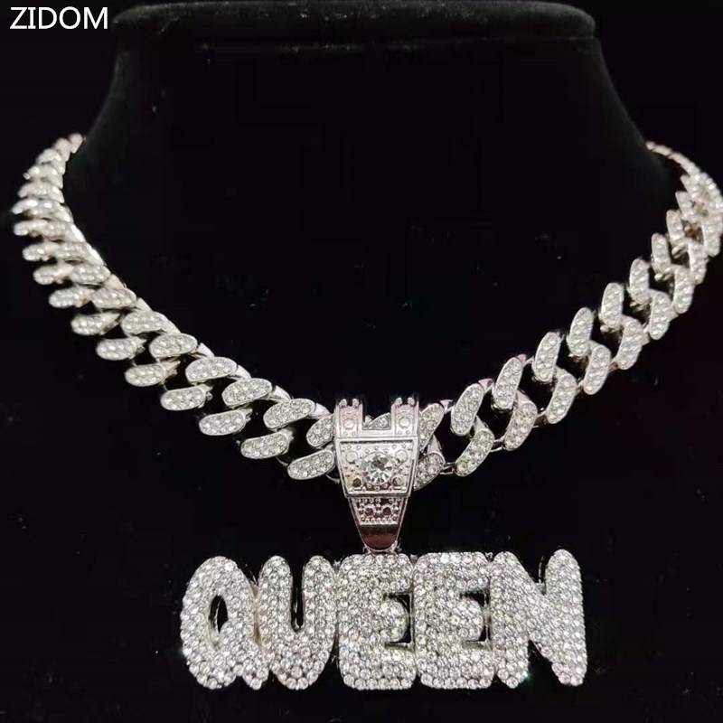 Charms Men Women Hip Hop Full KING QUEEN Letter Pendant Necklace Cuban Chain HipHop Iced Out Bling Necklaces Charm Jewelry 230915