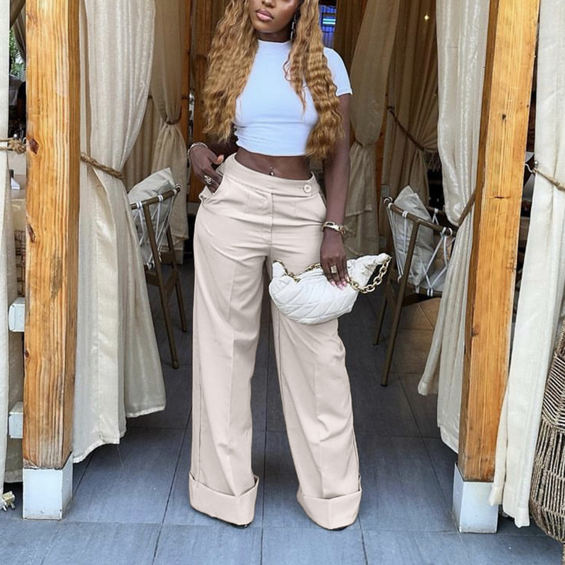 Women's Pants s High Waist Pockets Streetwear Office Lady Casual Pant Wide Leg Smart Trousers Solid Color Straight 230914
