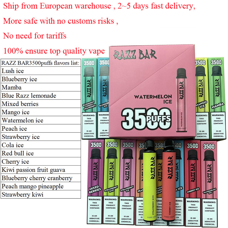 EU warehouse Authentic RAZZ bar 3500 puffs disposable vape pod pen E Cigarette kits 850mah battery 8ML prefilled 16 flavors Fastest delivery