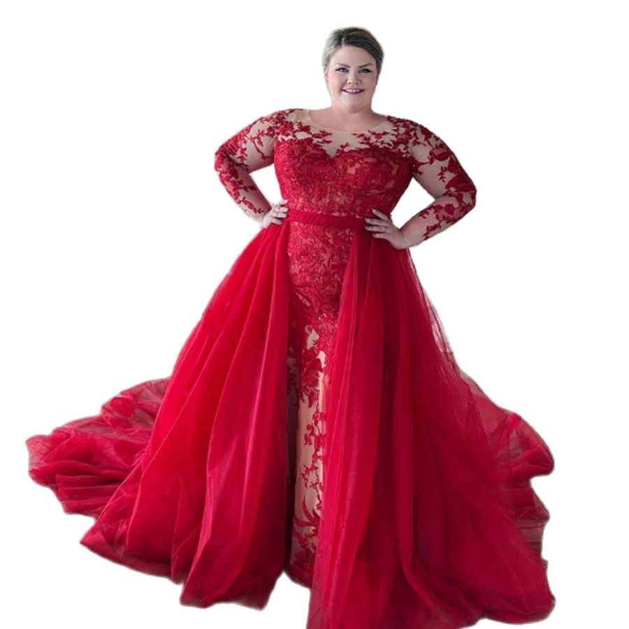 Plus Size Gothic Red Black Wedding Dress With Detachble Train Long Sleeve Lace Mermaid Church Bridal Gowns 2 In 1 Backless Bride Vestido De Novia 2023