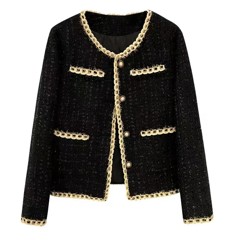 Womens Jackets Black Short Small Fragrance Jacket Women Coat Tweed Gold Thread Woven Overwear Casual Suit Female Spring Autumn 230915