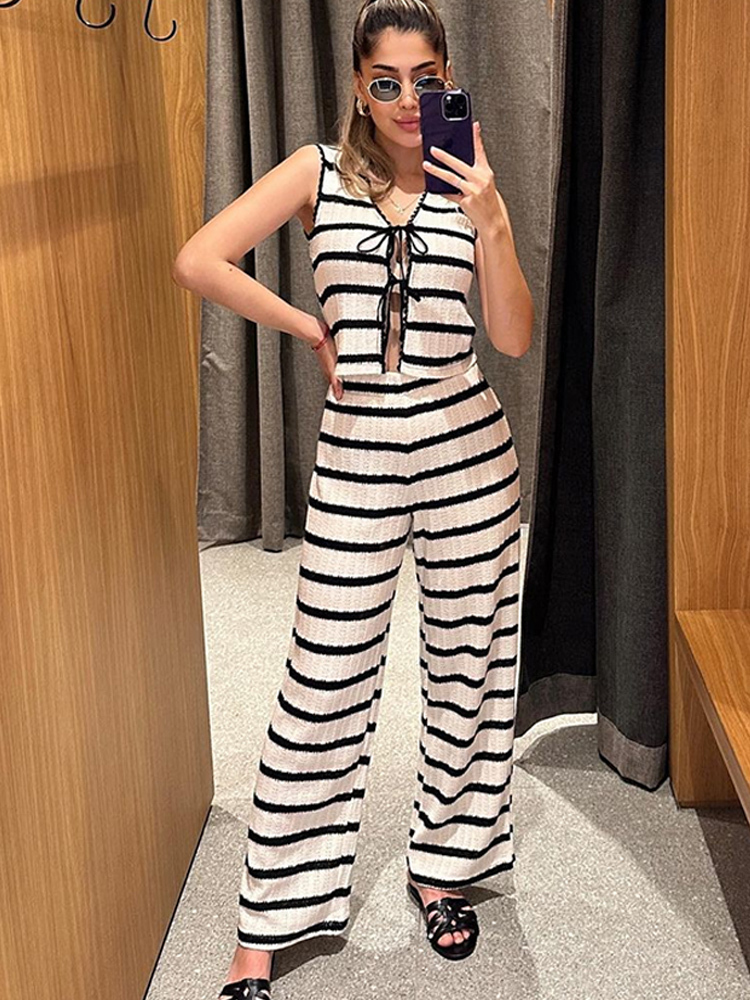 Women's Tracksuits Fashion Stripe Knitted Long Pants Sets Women Summer Cropped Vest Elastic Waist Trousers Two Pieces Sets Female Chic Outfits 23