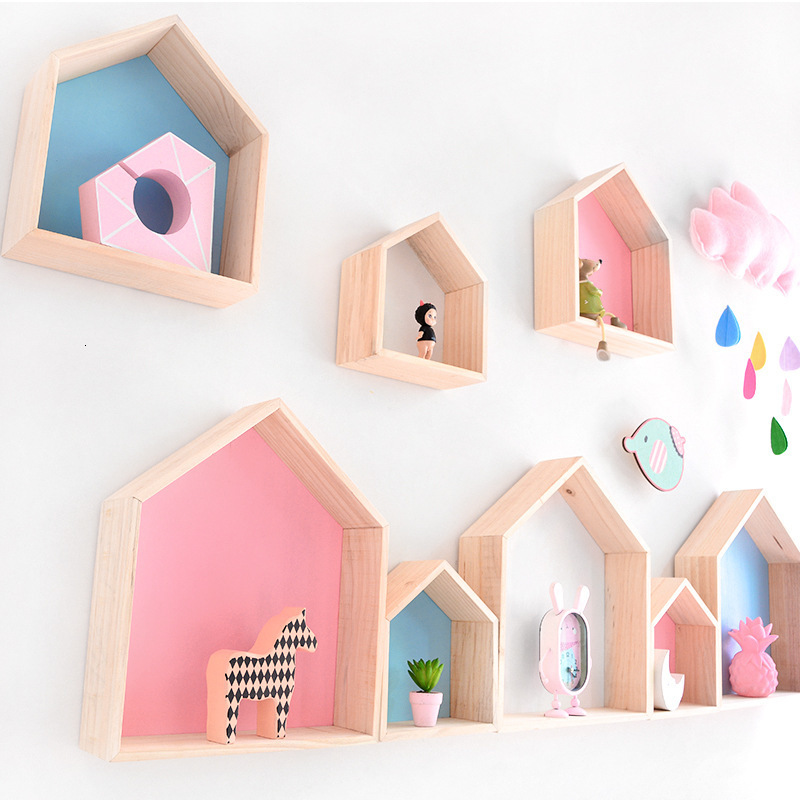 Boxes Storage# Childrens Room Decorations Wooden Hexagon Shelf Nordic House Shaped Wall Mounted Shelves Wall Racks Kids Bedroom Home Decor 230915