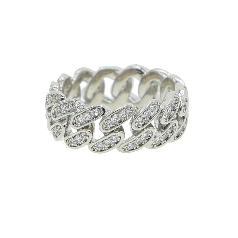 Bling White Cubic Zirconia Paved Miami Cuban Link Chain Ring for Women Hip Hop Engagement Band Trendy Finger Rings for Wedding