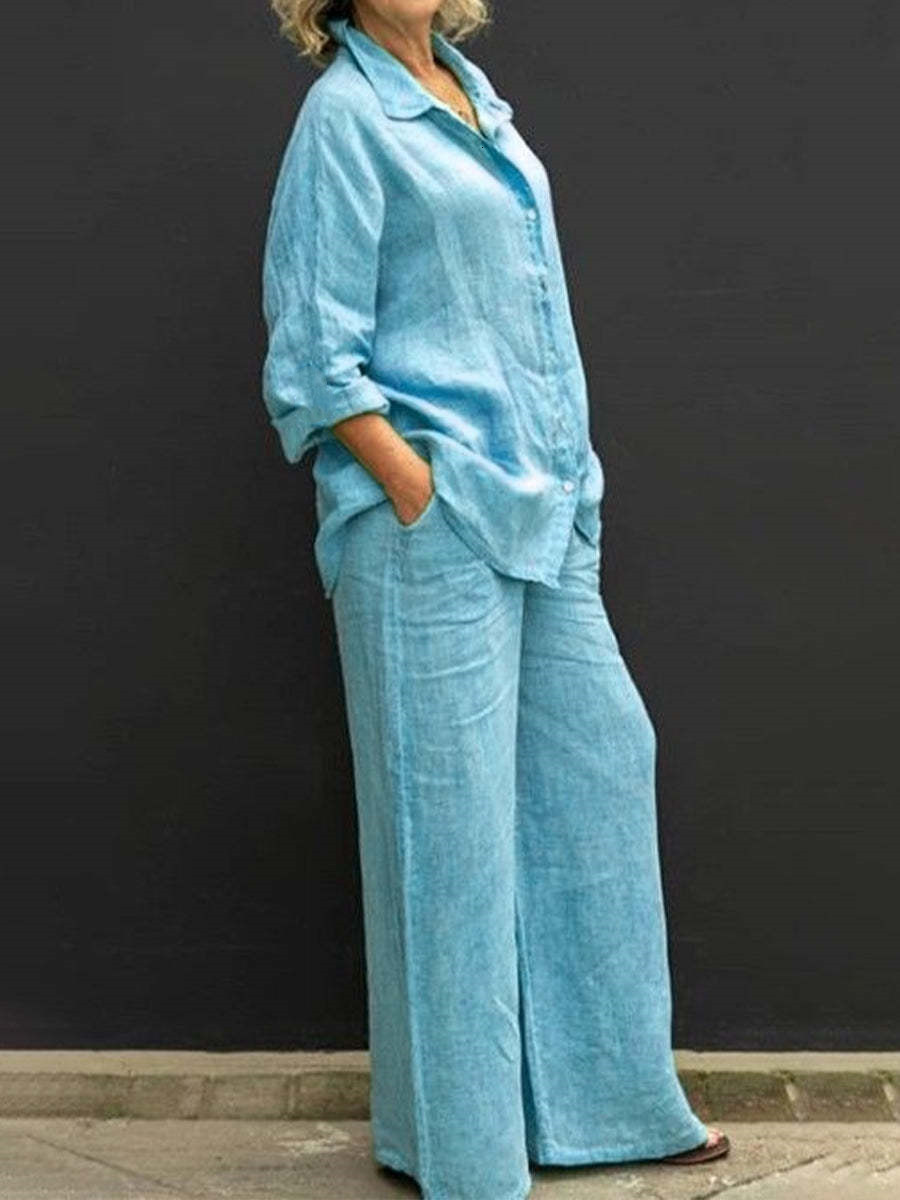 Women's Tracksuits Women Cotton Linen Suits Elegant Solid Long Sleeve Shirt Wide Leg Trousers Two Piece Set Female Casual Straight Pants Suits 23