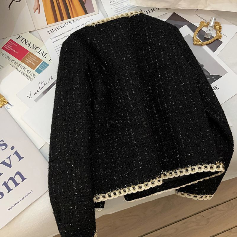 Womens Jackets Black Short Small Fragrance Jacket Women Coat Tweed Gold Thread Woven Overwear Casual Suit Female Spring Autumn 230915