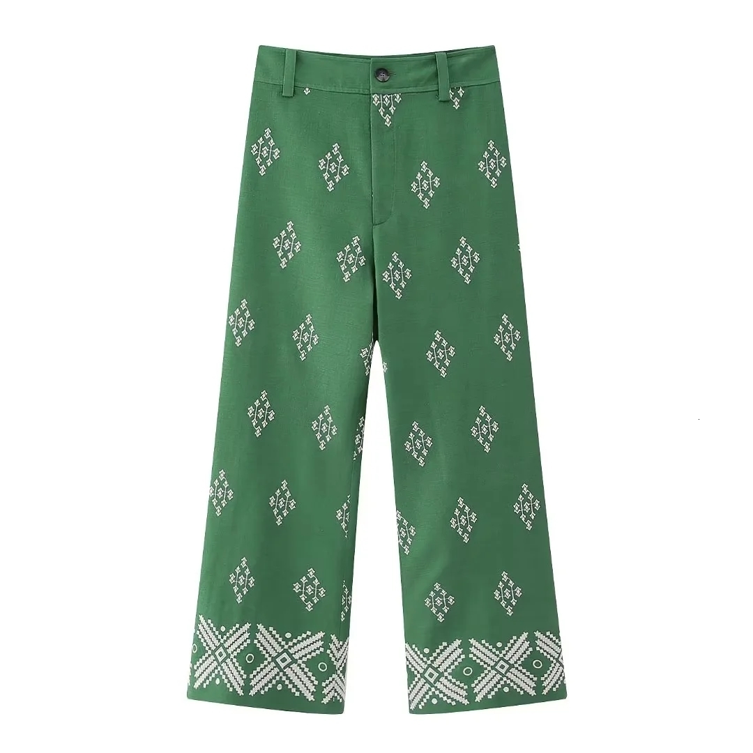 Women's Pants s KEYANKETIAN Women Vintage Embroidery Casual Linen Wide Leg Female Chic High Waist Zipper Pantalone Ankle Length Trousers 230914
