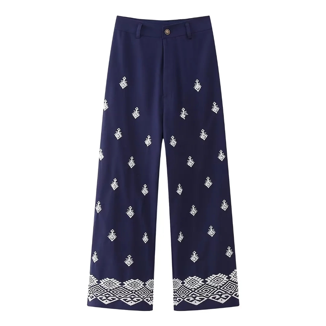 Women's Pants s KEYANKETIAN Women Vintage Embroidery Casual Linen Wide Leg Female Chic High Waist Zipper Pantalone Ankle Length Trousers 230914