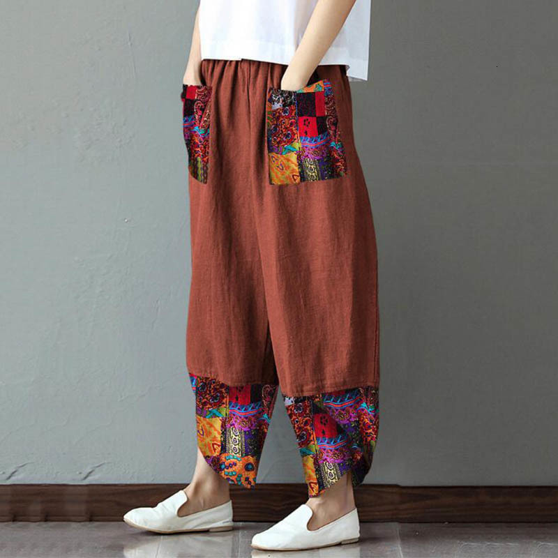 Women's Pants s Spring Autumn Fashion Women Cotton Linen Pencil Casual Print Patchwork Loose Long Trousers Elegant Streetwear Lady 230914