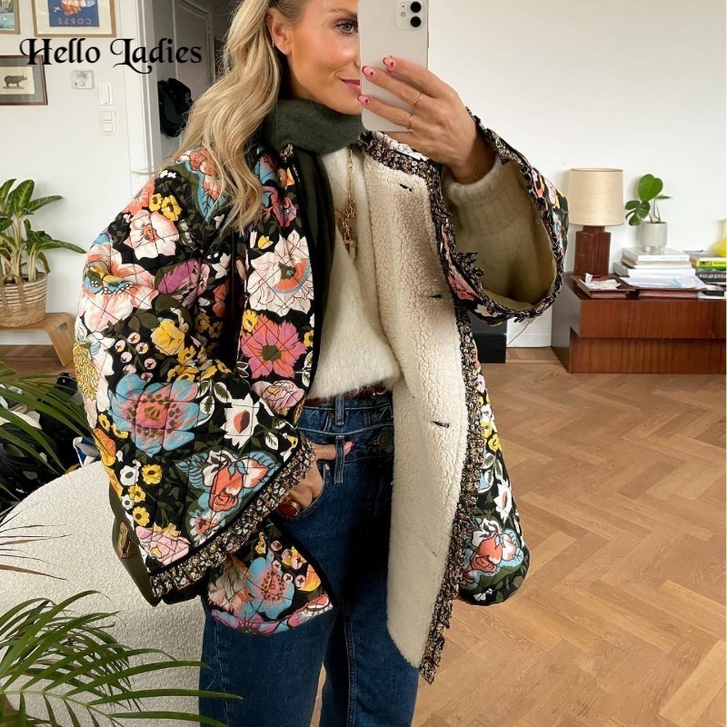 Womens Jackets Fall Winter Lady Elegant Outwear Coats Vintage Flower Printed Loose Coat for Women Thick Warm Long Sleeve Cotton Jacket 230915