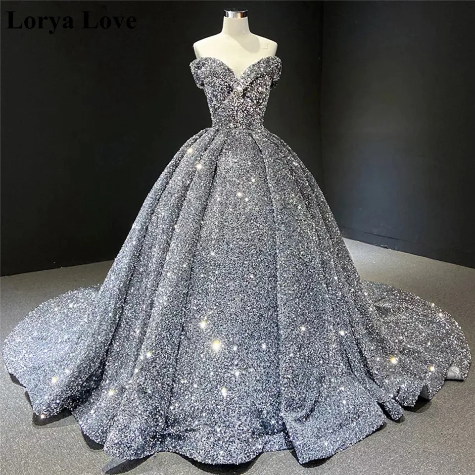 Women Gray Formal Party Evening Dresses Sequined Robe De Soiree Off Shoulder Vintage Long Prom Dress Ball Gowns Plus Size 0920