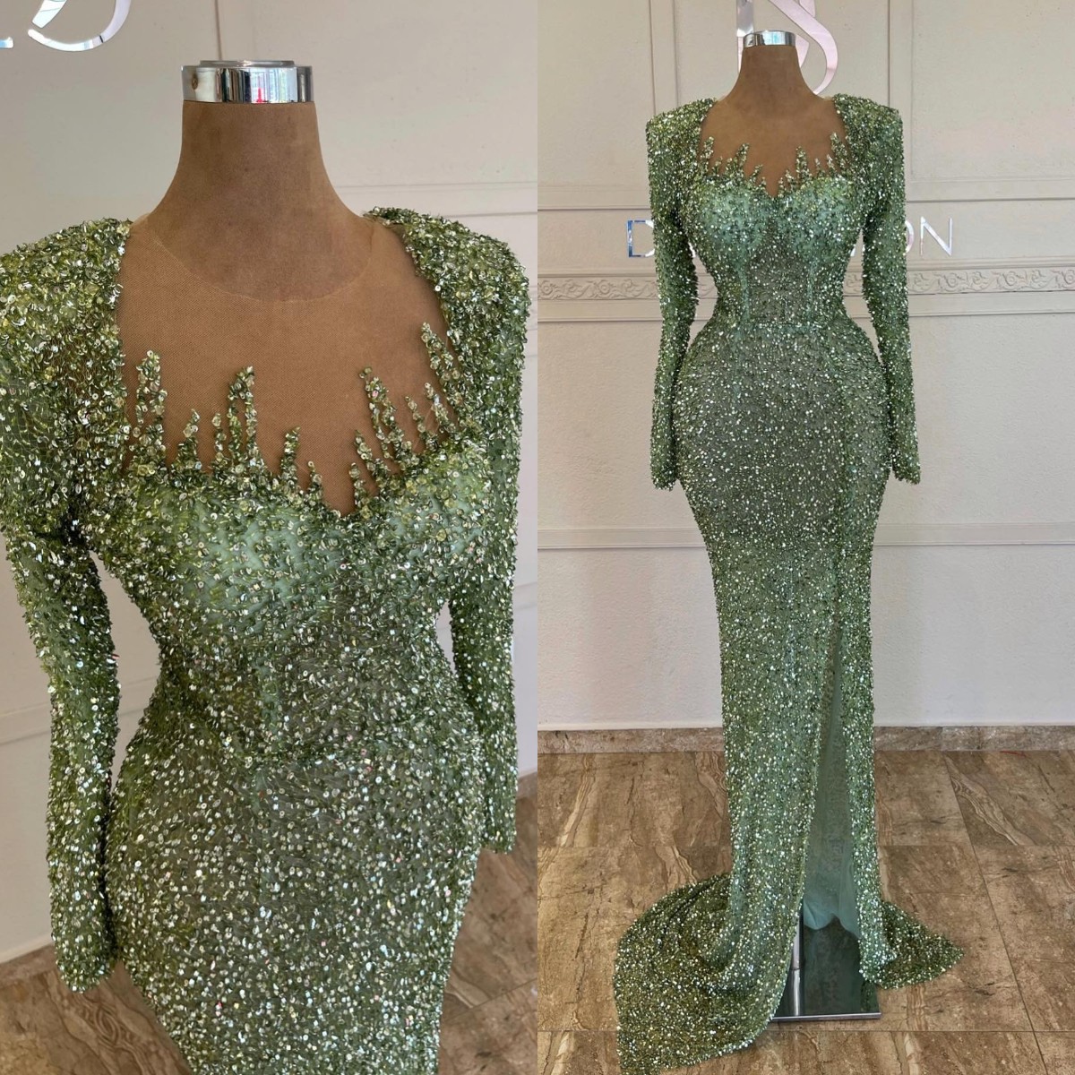 Sexy Green Mermaid Evening Sequins Crystal Long Sleeves Formal Party Prom Dress Pleats Dresses For Special Ocn Es Lz0304