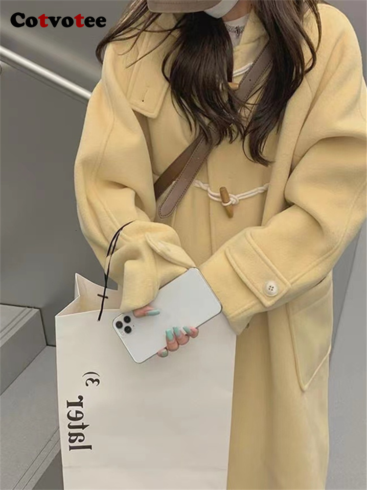 Womens Wool Blends Cotvotee Thicken Warm Coat Women Autumn Winter Loose Hooded Long Coats Casual Turn Down Collar Horn Button Jacket 230915
