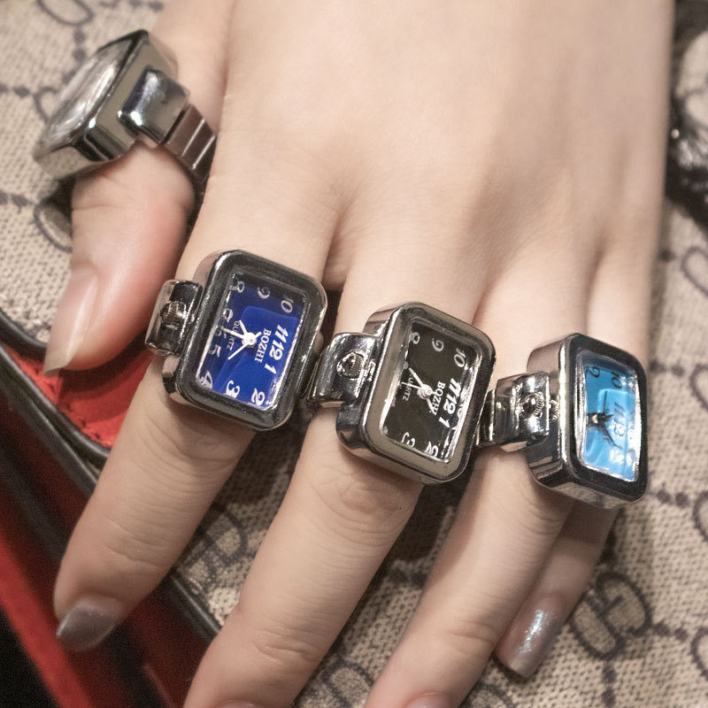 Wedding Rings Vintage Punk Finger Watch Mini Elastic Strap Alloy Watches Couple Rings Jewelry Clock Retro Roman Quartz Watch Rings Women Men 230915