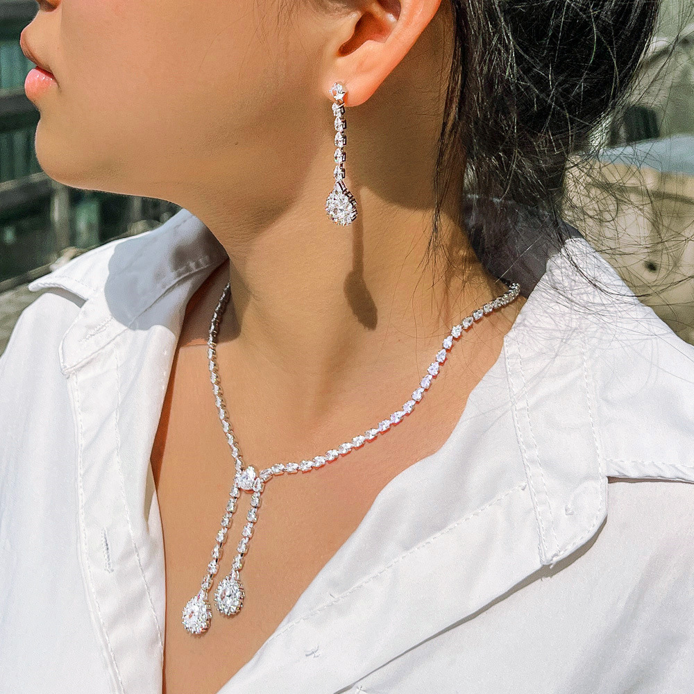 2023 Luxury Wedding Jewelry Sets 18K White Gold Fill Water Drop 5A Cubic Zircon CZ Diamond Sparkling Handmade Party Women Bridal Dangle Earring Neckla