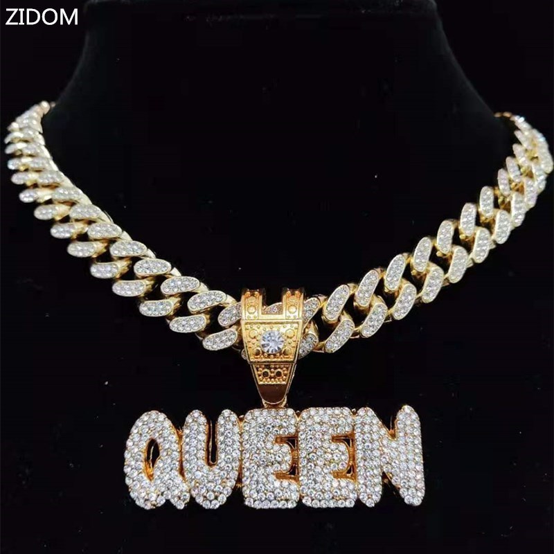 Charms Men Women Hip Hop Full KING QUEEN Letter Pendant Necklace Cuban Chain HipHop Iced Out Bling Necklaces Charm Jewelry 230915