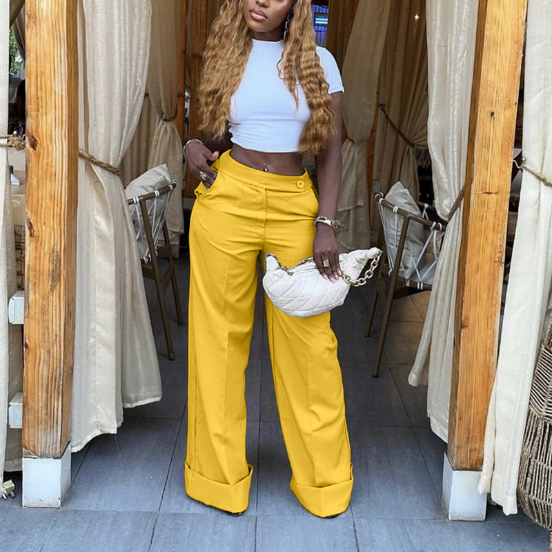 Women's Pants s High Waist Pockets Streetwear Office Lady Casual Pant Wide Leg Smart Trousers Solid Color Straight 230914