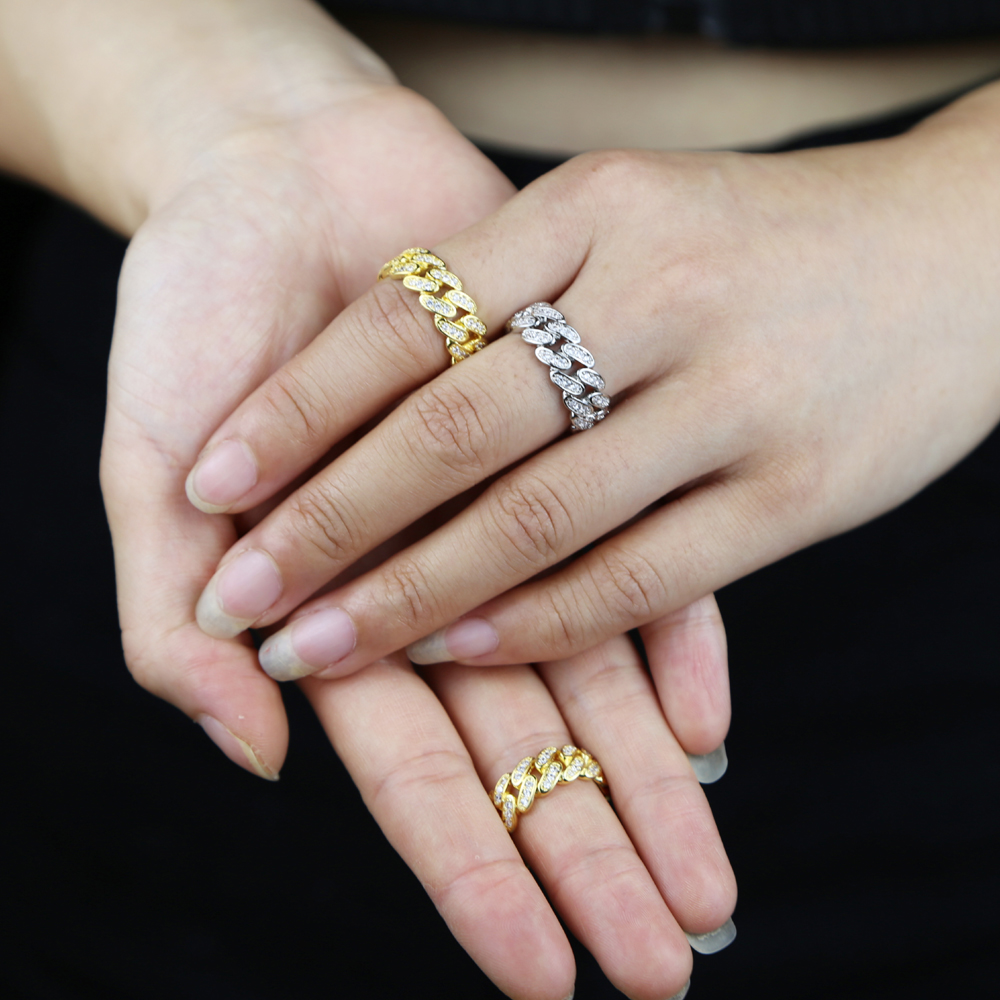 Bling White Cubic Zirconia Paved Miami Cuban Link Chain Ring for Women Hip Hop Engagement Band Trendy Finger Rings for Wedding