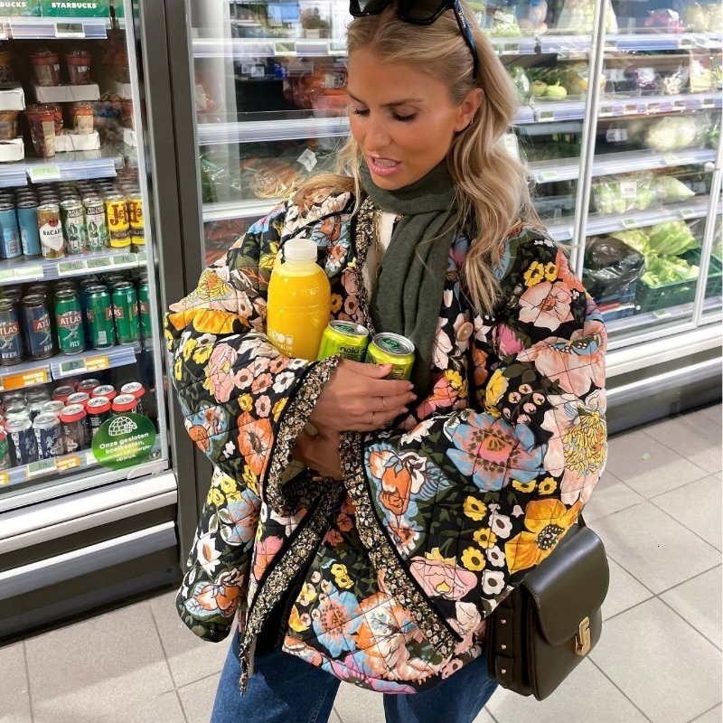 Womens Jackets Fall Winter Lady Elegant Outwear Coats Vintage Flower Printed Loose Coat for Women Thick Warm Long Sleeve Cotton Jacket 230915