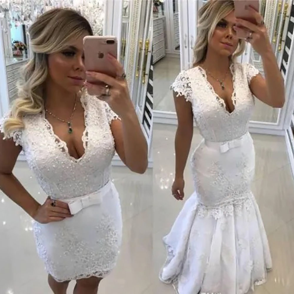 White Wedding Dresses Ivory Bridal Gowns Mermaid Formal Trumpet Zipper Lace Up New Plus Size Custom Applique V-Neck Sleeveless Lace Illusion Detachabl