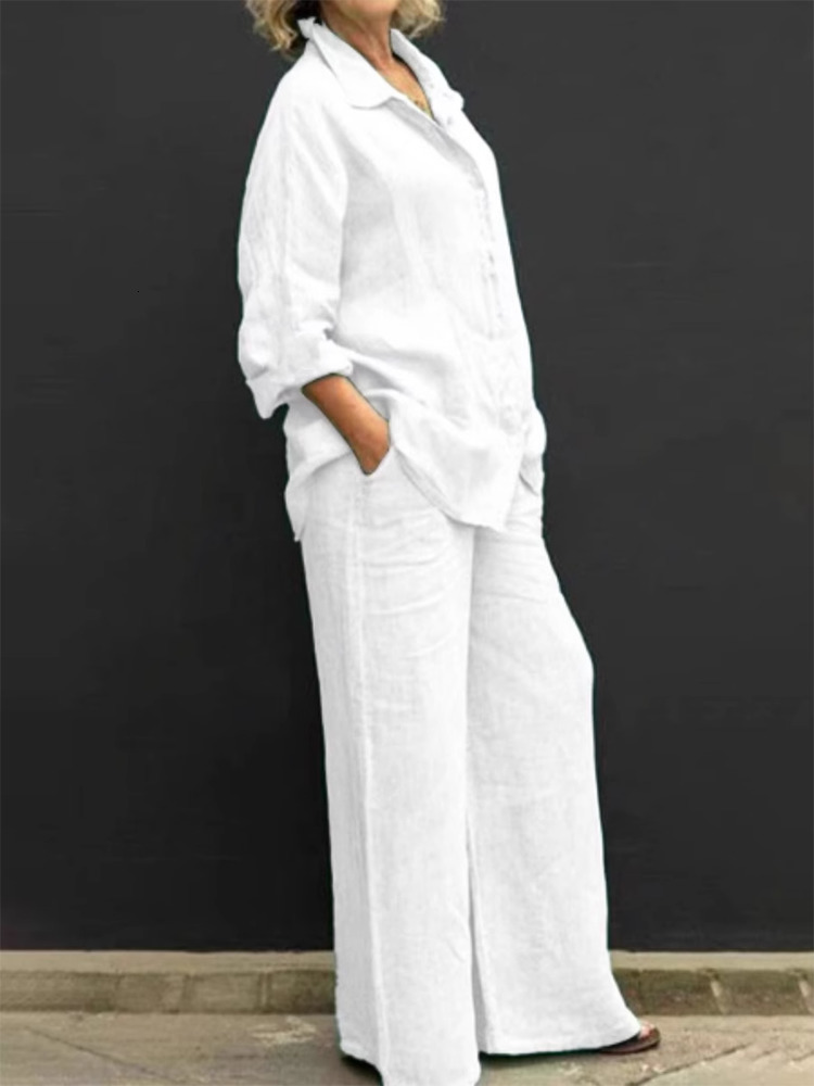 Women's Tracksuits Women Cotton Linen Suits Elegant Solid Long Sleeve Shirt Wide Leg Trousers Two Piece Set Female Casual Straight Pants Suits 23