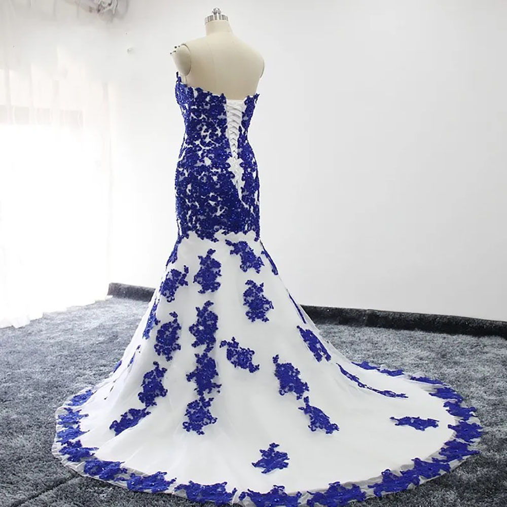 Bridal Gowns White Wedding Dresses Ivory Mermaid Formal Trumpet Zipper Lace Up New Plus Size Custom Tulle Sweetheart Sleeveless Royal Blue Applique