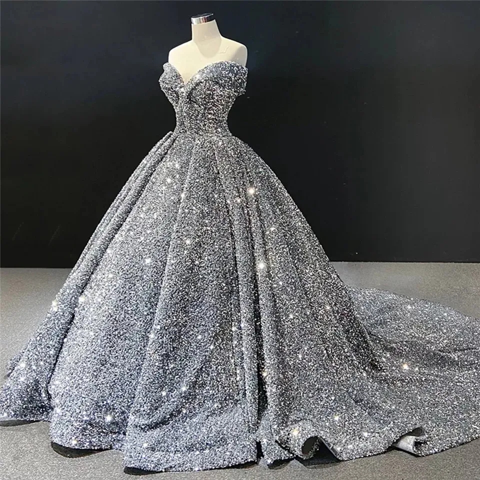 Women Gray Formal Party Evening Dresses Sequined Robe De Soiree Off Shoulder Vintage Long Prom Dress Ball Gowns Plus Size 0920